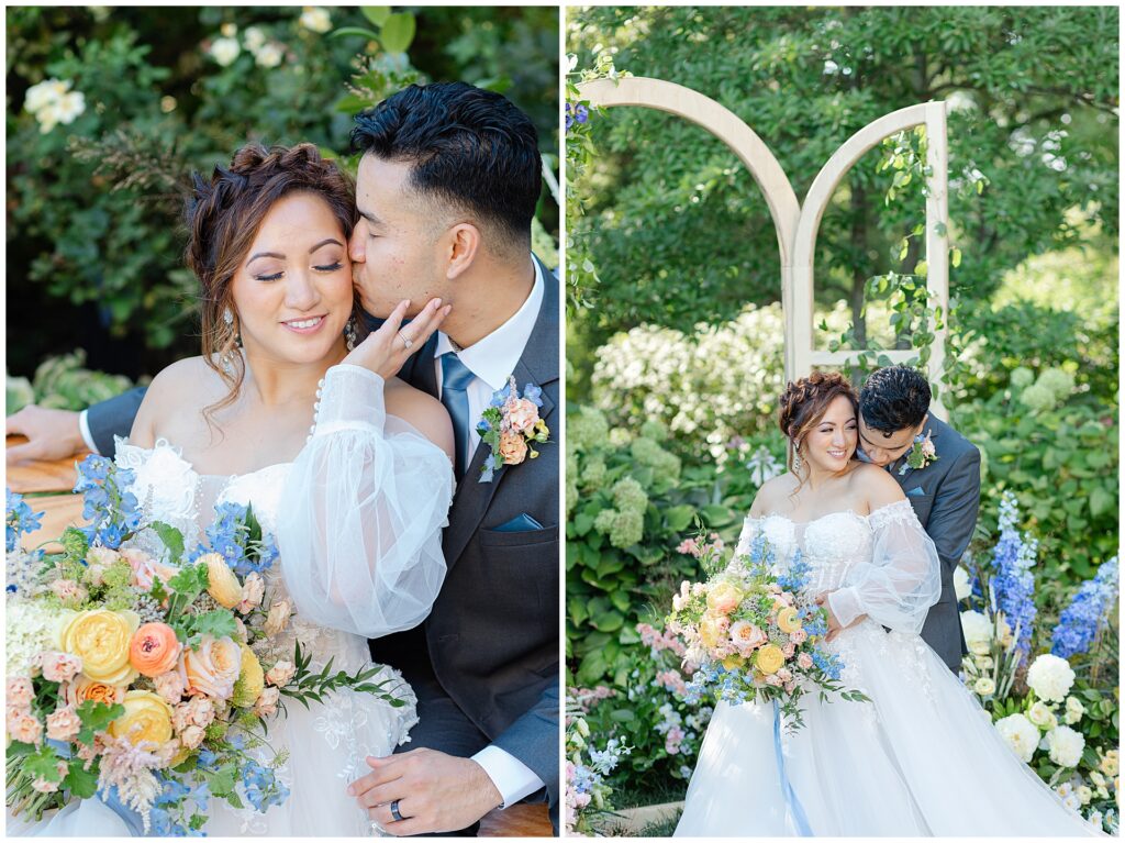 Dual image of a wedding couple surrounded by lush greenery in the gardens at Cairnwood Estate, capturing quiet, candid portraits in a secluded outdoor space ideal for cocktail hour or private moments during a Cairnwood Estate wedding near Philadelphia. The garden setting emphasizes natural movement, soft light, and emotional connection at a historic Pennsylvania estate venue.