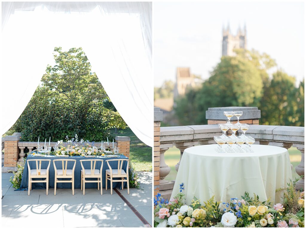 Dual image of a tented reception on the South Terrace at Cairnwood Estate, with a reception table framed by flowing tent curtains and a champagne glass pyramid displayed on a yellow tablecloth, set against views of the cathedral beyond. The scene highlights how a clear-wall tent allows elegant reception design while preserving architectural views at a Pennsylvania estate wedding venue.