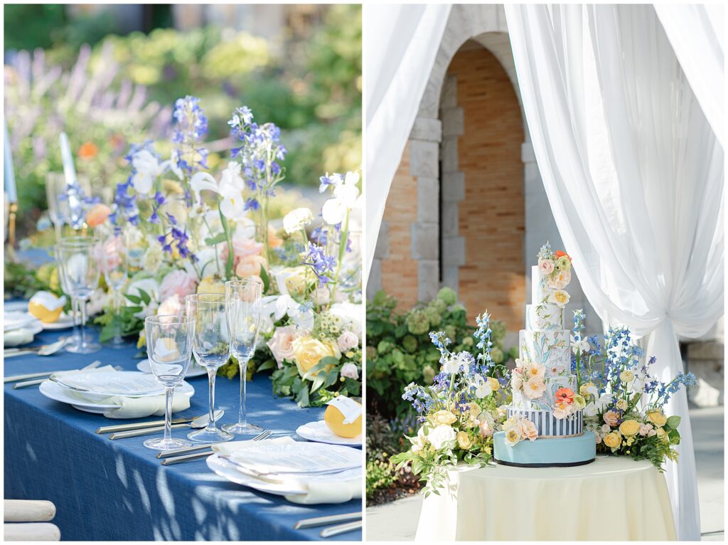 Dual image featuring a close-up of a blue velvet reception table at Cairnwood Estate with champagne glasses and a lush floral arrangement running down the center, paired with a wedding cake displayed on a yellow tablecloth and framed by tent curtains on the terrace. The fondant cake features light blue layers, black and white striping, and hand-crafted orange and yellow poppies, reflecting refined design details at a Cairnwood Estate wedding near Philadelphia.