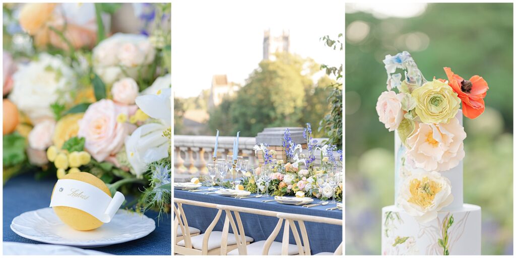 Triple image from a tented South Terrace reception at Cairnwood Estate showing a close-up of a blue velvet table with hand-calligraphed place cards tucked into fresh lemons, a golden-hour view of wishbone chairs and reception tables with the cathedral in the background, and a detailed close-up of a hand-painted wedding cake adorned with yellow and peach poppies. This image illustrates elevated reception styling and intentional design moments for a Cairnwood Estate wedding with cathedral views in Pennsylvania.