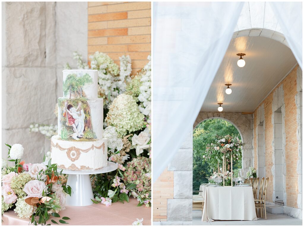 Dual image featuring a Greek-inspired wedding cake with a hand-painted Greek Revival–style illustration surrounded by soft florals, paired with an intimate terrace tablescape set beneath the arches at Cairnwood Estate in Bryn Athyn, Pennsylvania. The scene reflects a refined rehearsal dinner or intimate wedding design that echoes the classical architecture of a Cairnwood Estate wedding venue near Philadelphia.