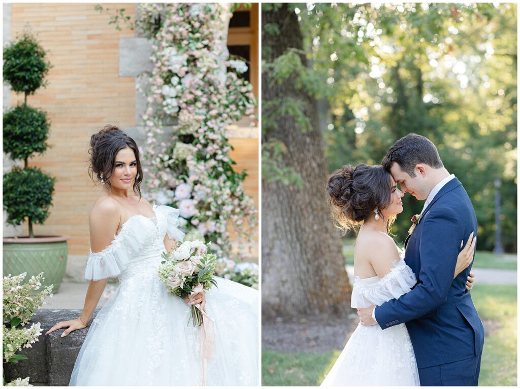 Dual image of a bridal portrait taken at the grand front entrance of Cairnwood Estate with a dramatic floral installation, paired with a romantic portrait of the couple embracing on the estate grounds. These images highlight timeless wedding portraits and emotional moments captured across the historic architecture and gardens of a Pennsylvania estate wedding venue.