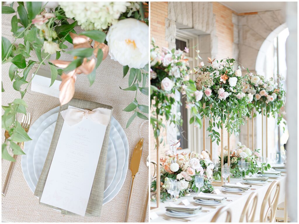 Dual image showing a close-up of a wedding menu styled on a linen tablecloth alongside a golden-hour tablescape at Cairnwood Estate featuring gold circular chairs and elevated floral arrangements on gold stands. The florals include white butterfly ranunculus, cream hydrangeas, soft rose-toned and peach roses, illustrating elegant reception or rehearsal dinner styling at a Cairnwood Estate wedding near Philadelphia.