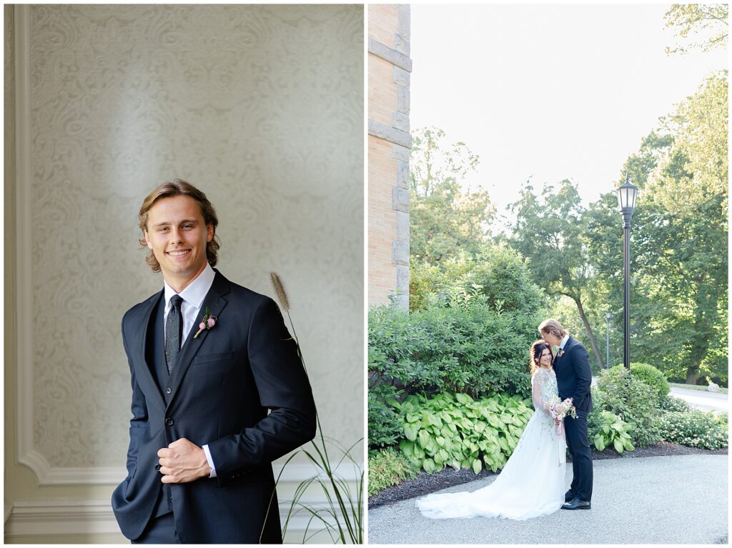 Dual image featuring a groom portrait inside the Dining Room at Cairnwood Estate, paired with an outdoor portrait of the couple standing together on the estate driveway in front of the grand façade. The pairing showcases both refined interior portrait spaces and classic exterior views for a Cairnwood Estate wedding near Philadelphia.