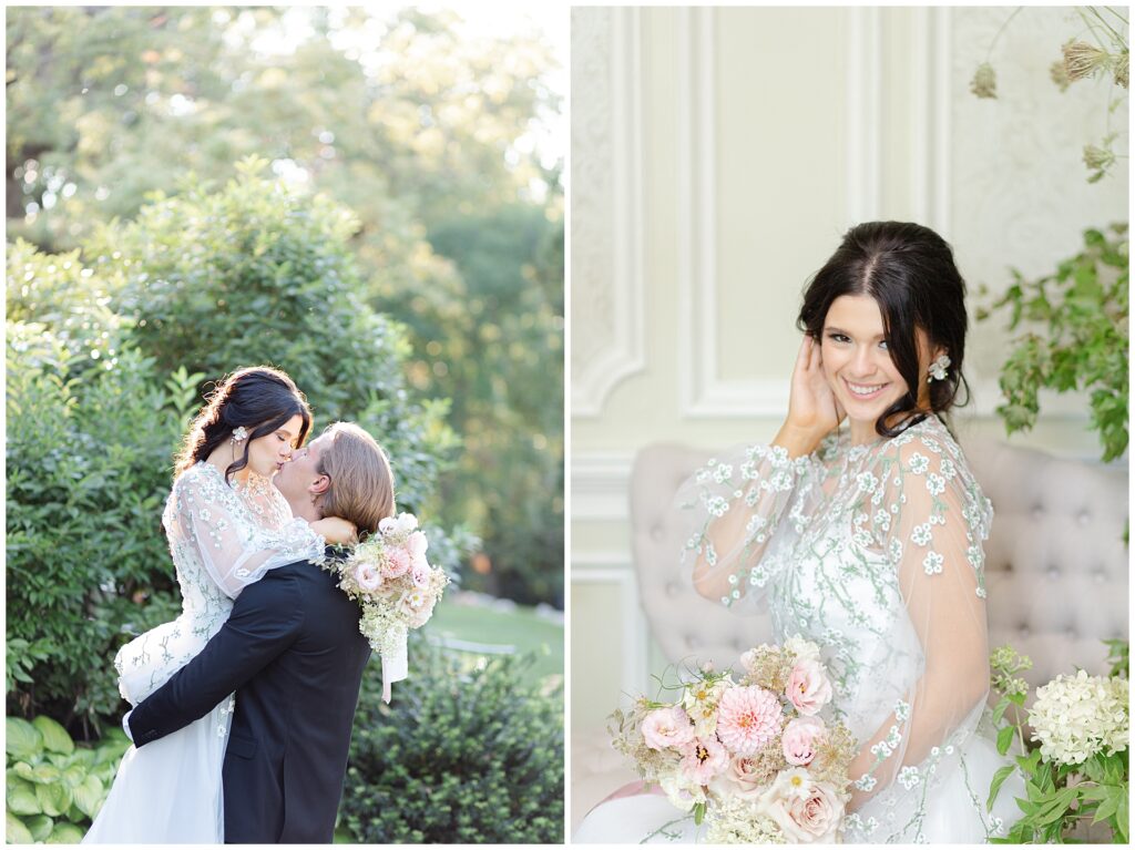 Dual image of a wedding couple at Cairnwood Estate in Bryn Athyn, Pennsylvania, with the groom lifting the bride as her gown reveals delicate green and white embroidered florals resembling trailing ivy, paired with a bridal portrait of her smiling in the Dining Room. This pairing highlights romantic movement and refined interior portraits at a Cairnwood Estate wedding venue near Philadelphia.