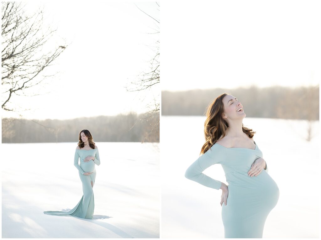 Woman in a green dress during her snow maternity session in Howard County