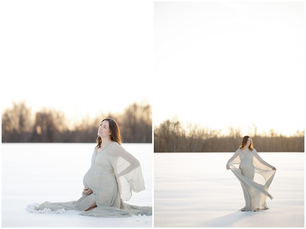 Woman sitting in the snow during her fine art maternity session in maryland