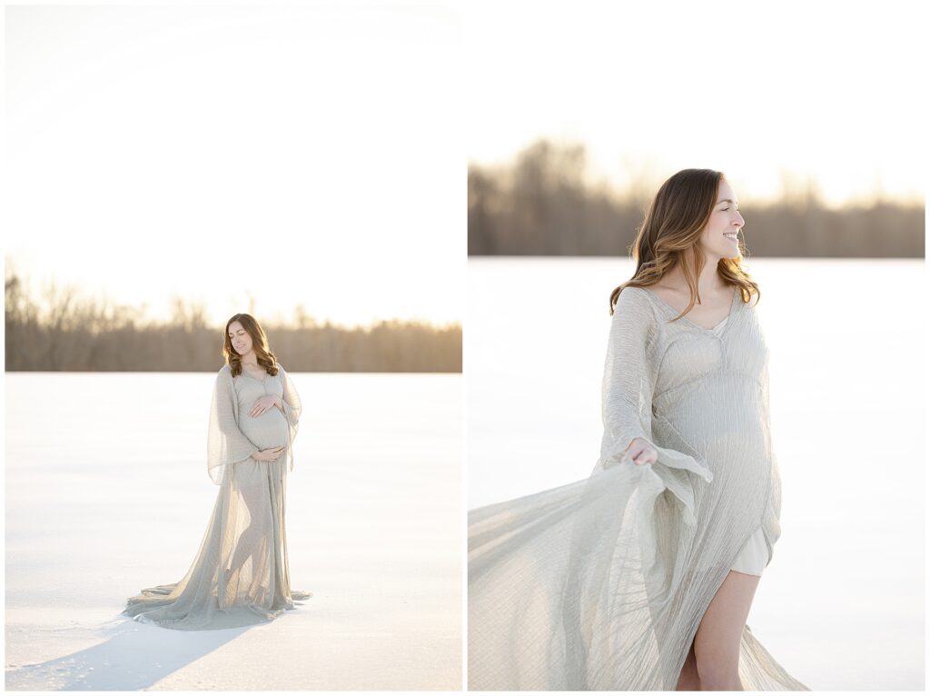 Fine art maternity photo of a woman in a silver dress, cradling her bump in her snow maternity session in maryland
