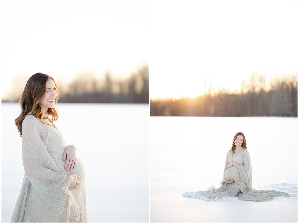 Pregnant woman sitting in the snow looking off to the side during her snow maternity session in Maryland