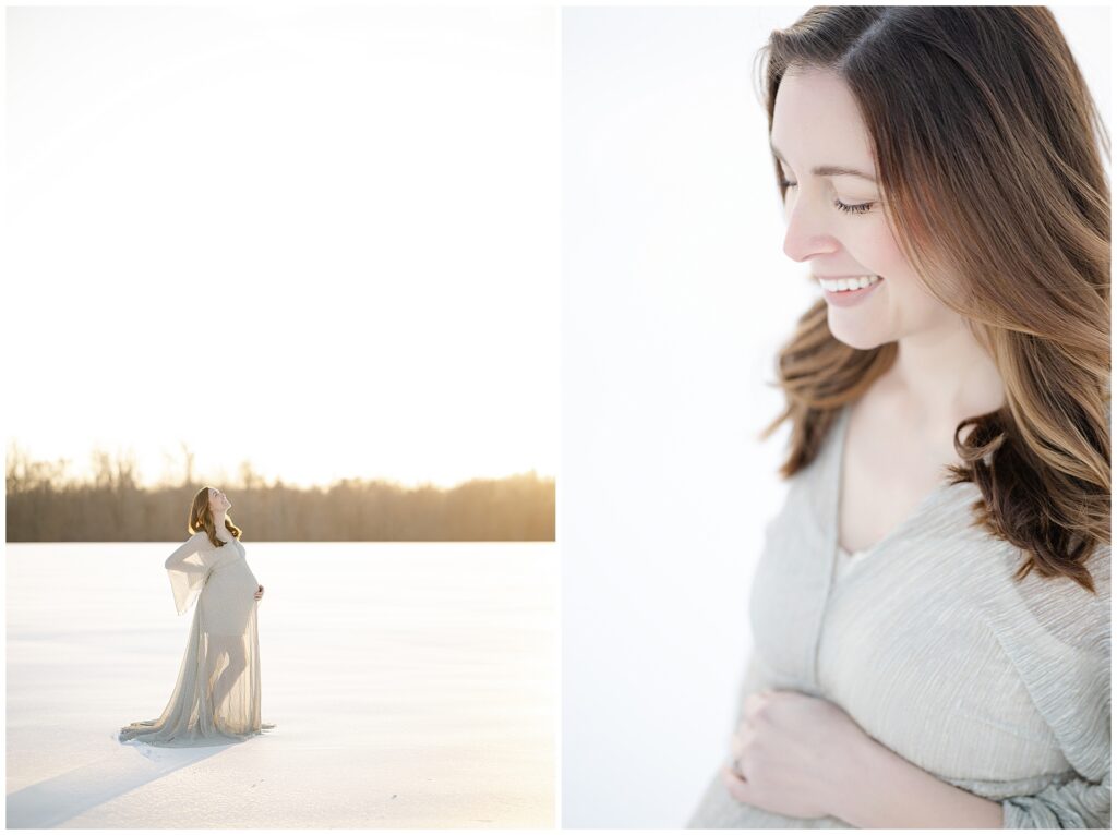 Fine art maternity photo of a woman in a silver dress, cradling her bump in her snow maternity session in maryland