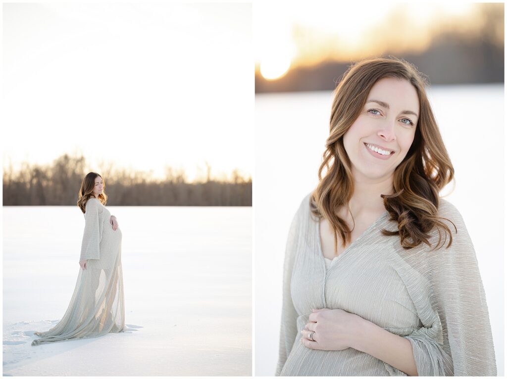 Fine art maternity photo of a woman in a silver dress, cradling her bump in her snow maternity session in maryland