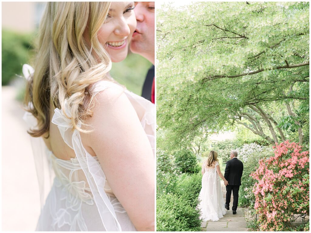 Close up of the bride's wedding dress which has ribbons at her sleeves and then the couple walking away from the camera in the garden at the Tudor Place