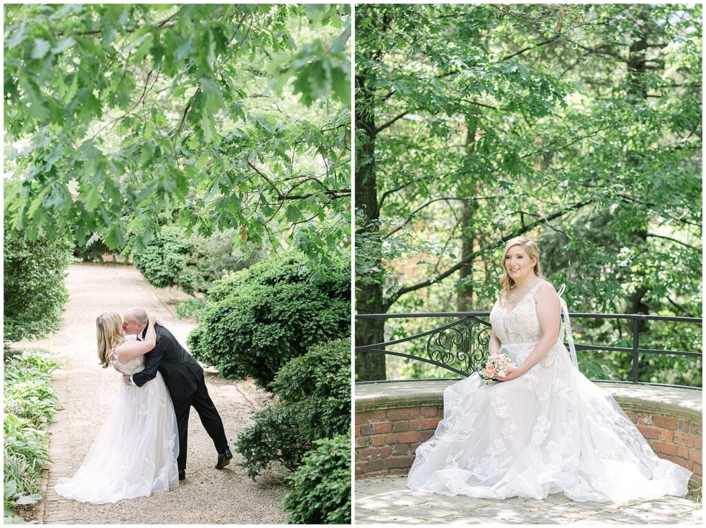 Groom dips the bride in the Tudor Place gardens during their wedding. Second image is of the bride sitting in the garden.
