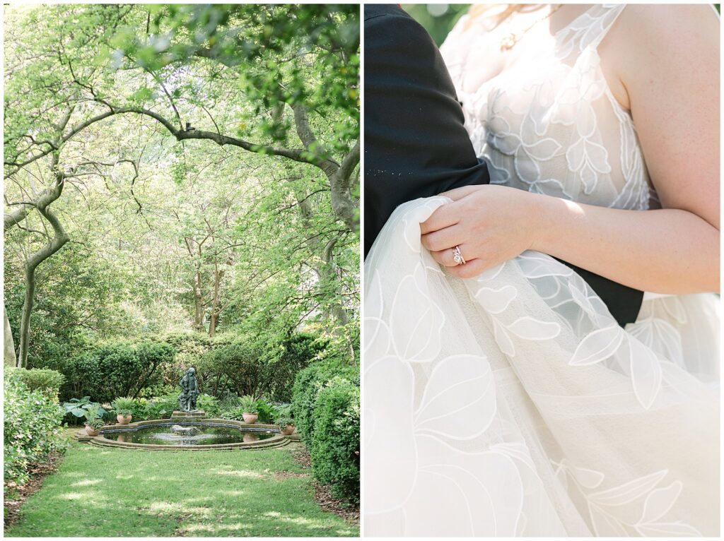 Image of a small pond at the Tudor Place garden, tucked into the shaded woods. Second image is a detail of the brides wedding dress with embroidered flowers