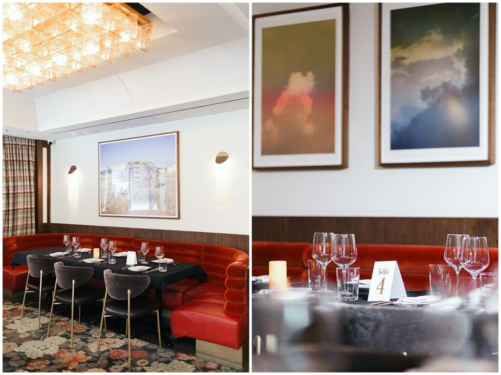 Two images of the velvet booths at L’Ardente during a private wedding reception