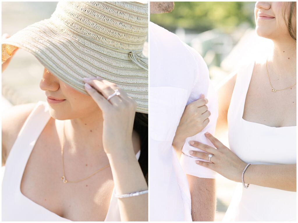 Romantic golden hour beach engagement photos in Maryland, featuring couple wearing white and a close up of her engagement ring holding a straw hat