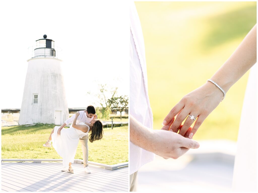 Couple posing in front of the piney point lighthouse. He dips her in one image and they bruch fingers in the other