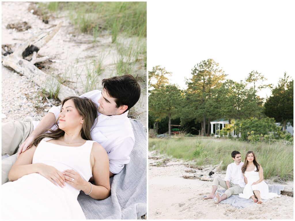 Candid engagement photo of couple on the beach in maryland, resting on a blanket