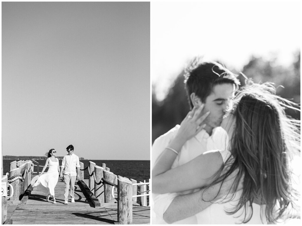 Cinematic maryland engagement session with couple walking down the pier in one image, and kissing as the wind whips her hair around in the second image