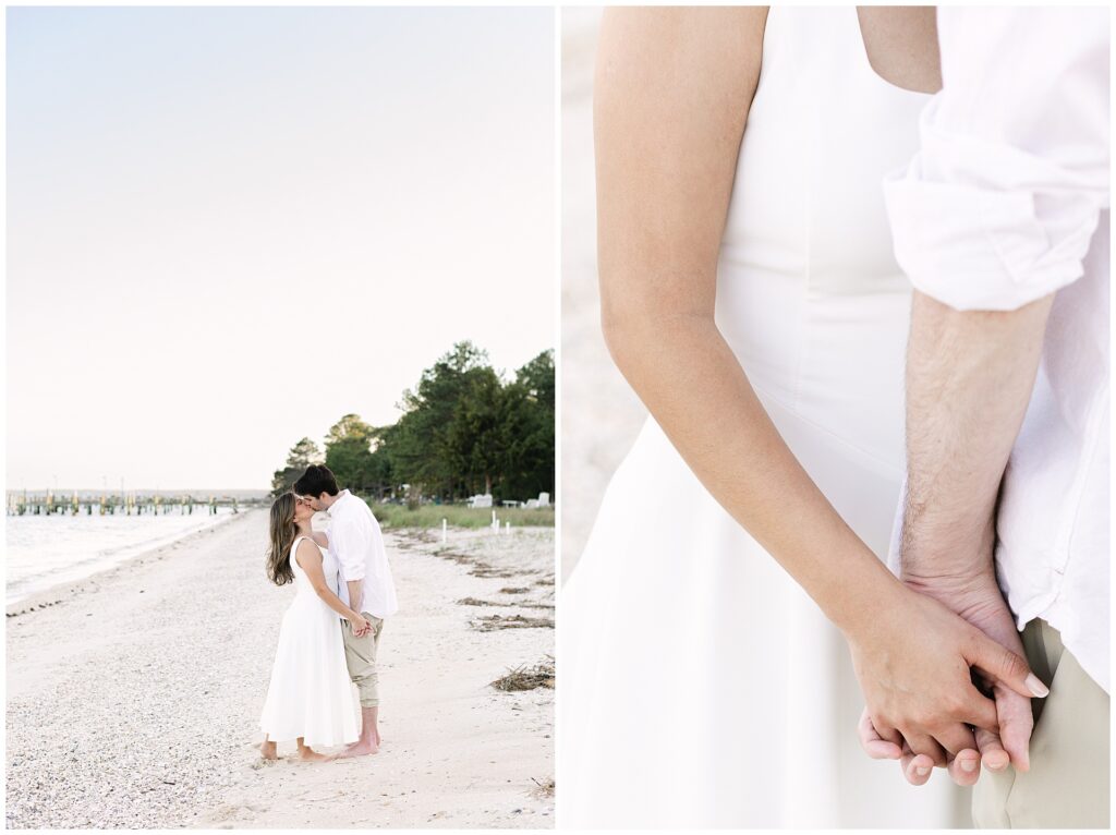 Cinematic blue hour photo of a couple kissing and a close up of their hands holding