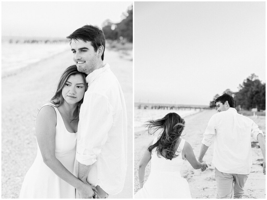 Editorial black and white photos of a couple in white. She rests against his chest in one photo and in the second, they are blurry as they run away/