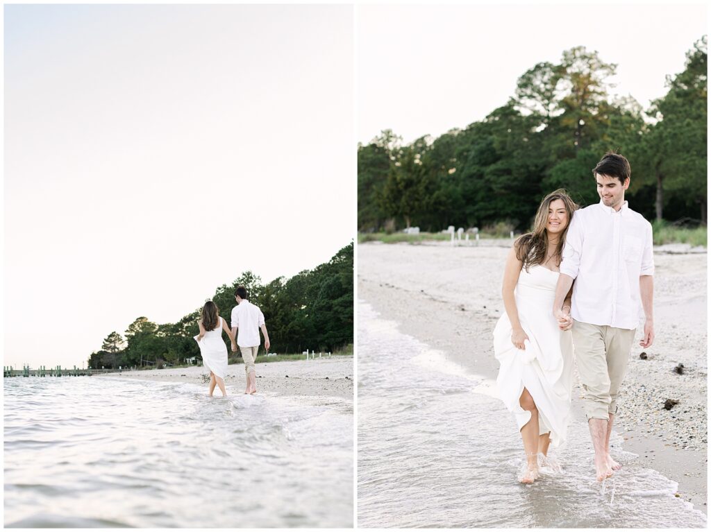Candid photos of a couple in white outfits walking along the maryland beach during their engagement session