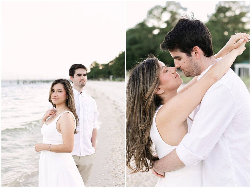 Editorial posing of a couple on the beach during their maryland beach engagement session