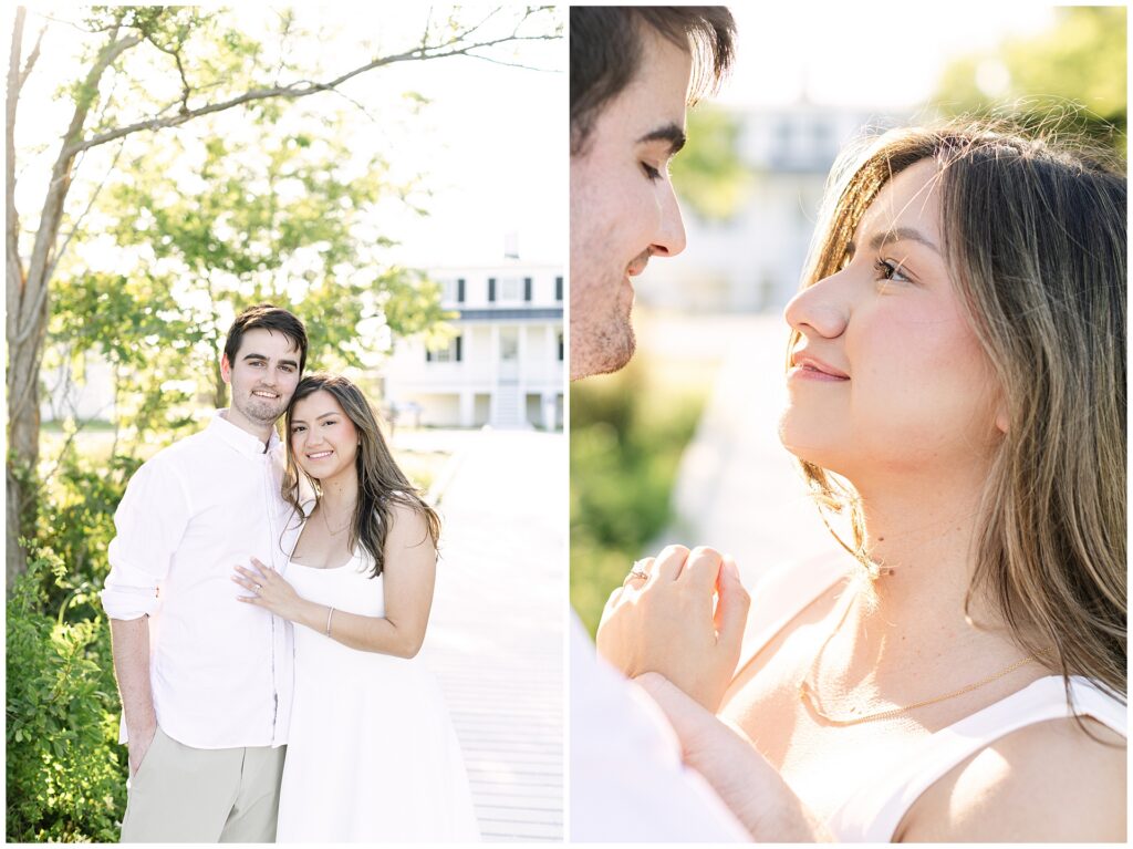 Classic smile at the camera of an engaged couple and then an editorial closeup of her meeting his eyes calmly