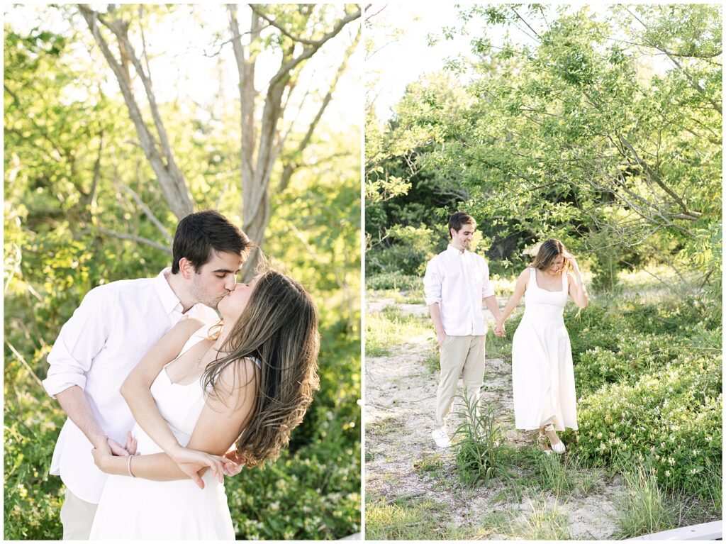 Classic golden hour beach engagement photos in Maryland of couples walking through the trees