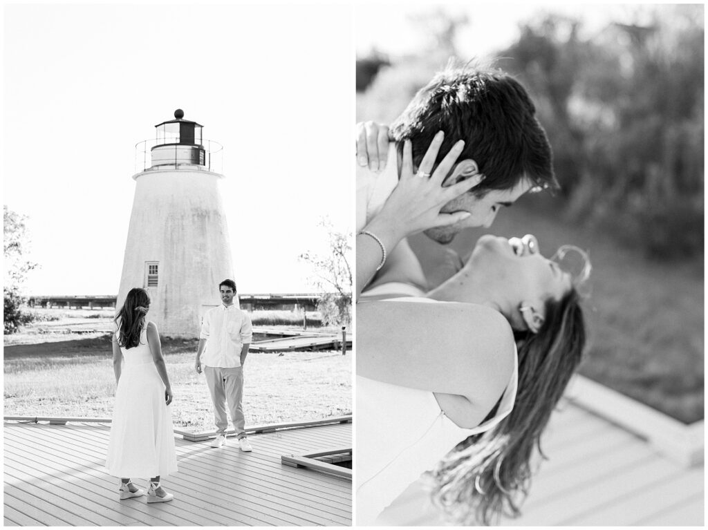 Editorial engagement photo of a couple standing apart staring at each other in front of a lighthouse. In the other photo he dips her back as she tosses her head back